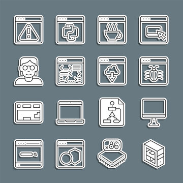 Set line Computer, monitor screen, System bug, Software, Hacker coder, Browser with exclamation mark and Cloud technology data transfer icon. Vector