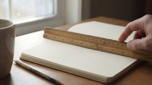 ruler sliding gently across notebook page