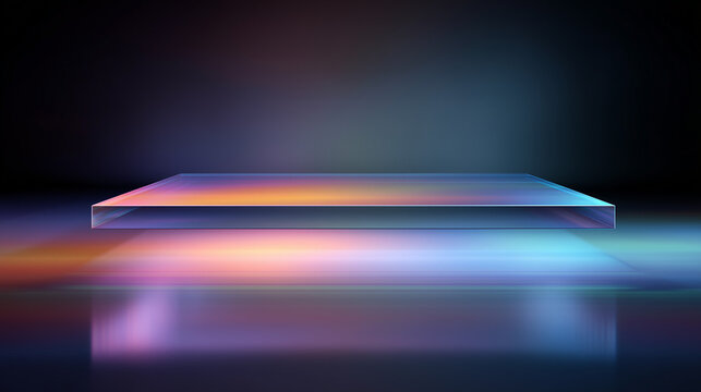 Floating glass platform illuminated by neon gradients for futuristic product display
