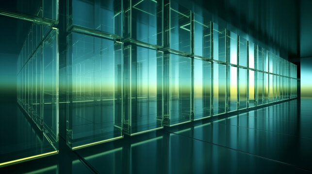 Contemporary glass facade formed by modular transparent volumes in 3D