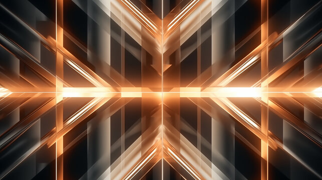 Symmetrical geometric light pattern with metallic reflections in 3D