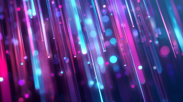 Diagonal neon light beams with vibrant cyan and magenta bokeh background
