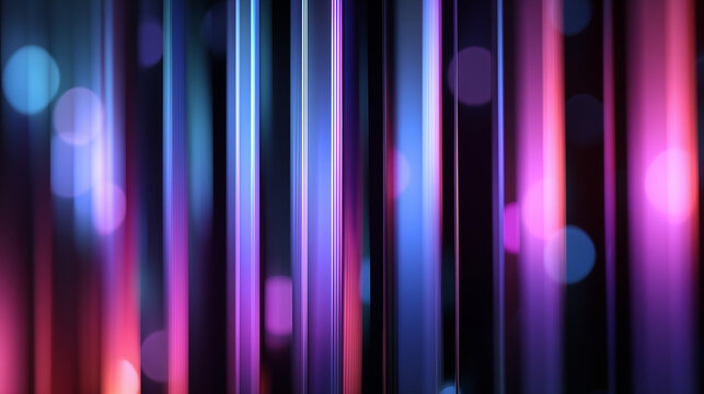 Vibrant 3D neon light columns with colorful glowing bokeh background