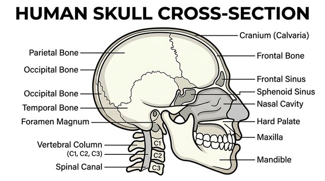 Detailed anatomical cross section of human skull.