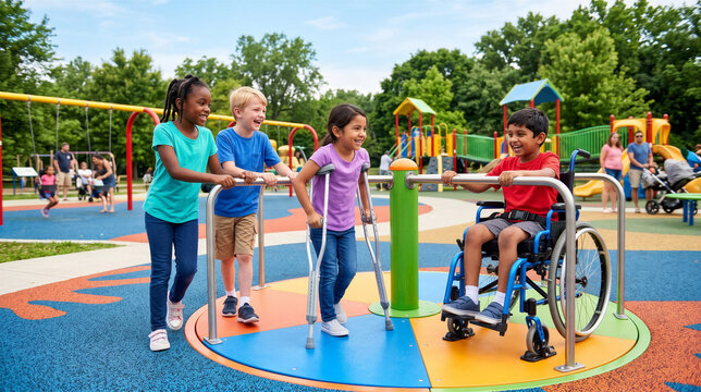 Children playing with disabled boy in wheelchair at colorful playground  