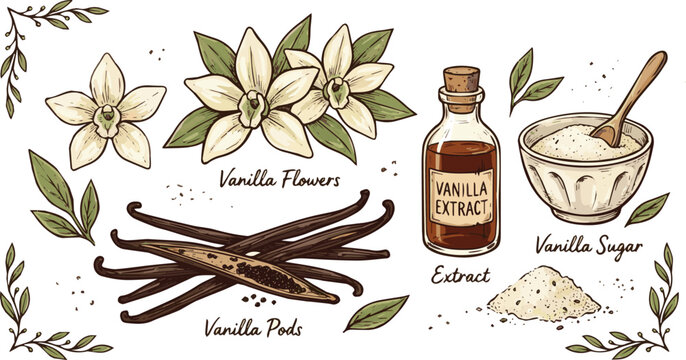 Generated on Hand drawn Vanilla spice elements sets. Culinary set pods, flowers, extract, sugar vector art on white background
