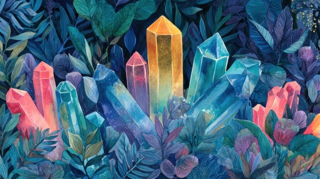 Colorful crystal gemstones among tropical leaves watercolor illustration