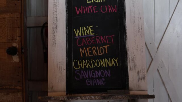 Chalkboard wine menu on rustic wooden wall