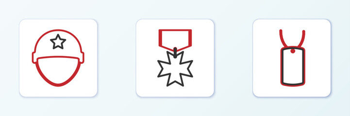 Fototapeta premium Set line Military dog tag, helmet and reward medal icon. Vector