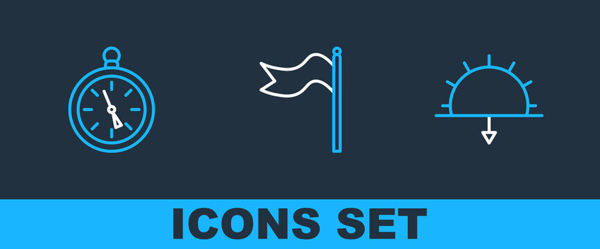 Set line Sunset, Compass and Meteorology windsock wind vane icon. Vector