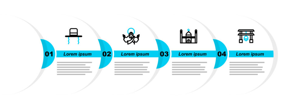 Set line Japan Gate, Muslim Mosque, Jesus Christ and Orthodox jewish hat with sidelocks icon. Vector