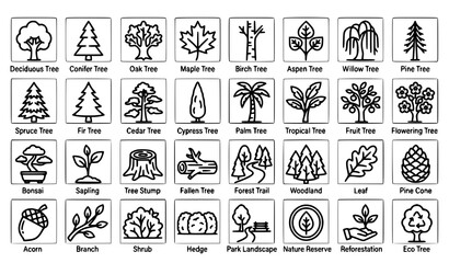 Modern Tree and Forest Line Icons Collection Editable Stroke for Web Apps and Nature Design © MDSabbir