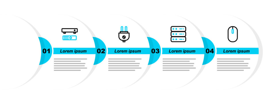 Set line Computer mouse, Server, Data, Web Hosting, Electric plug and Multimedia and TV box icon. Vector