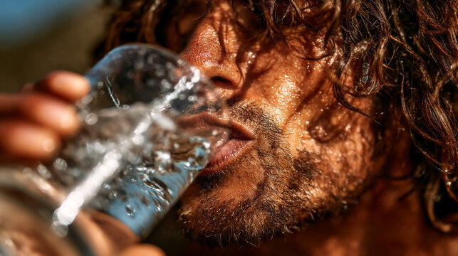 Close up of a thirsty man drinking fresh clear water from a glass with wet face