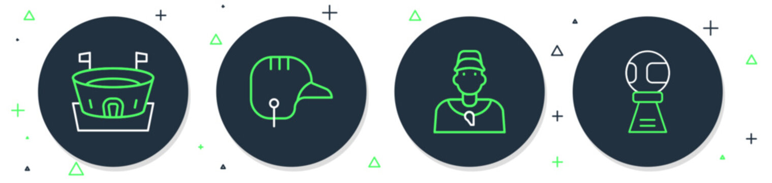 Set line Baseball helmet, coach, arena and Award cup with baseball icon. Vector