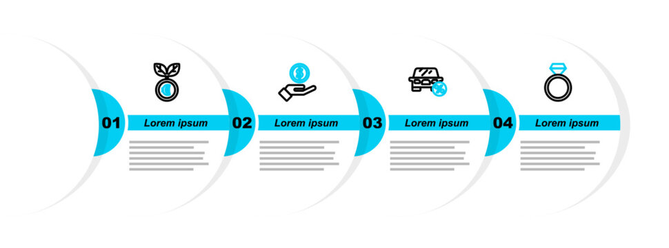 Set line Diamond engagement ring, Car leasing percent, Hand giving money and Euro plant icon. Vector