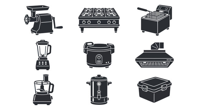 A monochrome flat vector icon set of 9 industrial kitchen equipment including meat grinder, gas stove, fryer machine, blender, rice cooker, exhaust hood, food processor, water boiler, storage 