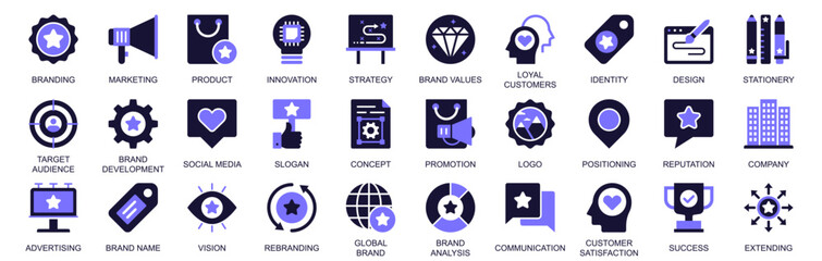 Fototapeta na wymiar Branding icon set in duotone solid icons web design. Pack pictograms of marketing, product, innovation, strategy, brand values, loyal customers, identity, target audience, more. Vector illustration.