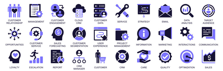 Fototapeta na wymiar CRM icon set in duotone solid icons web design. Pack pictograms of customer relationship, engagement, management, data analysis, strategy, target audience, opportunity, more. Vector illustration.