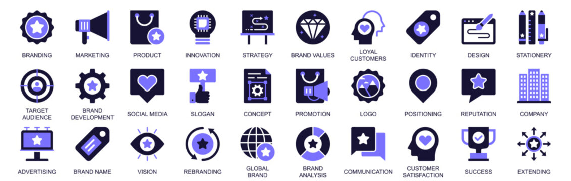 Branding icon set in duotone solid icons web design. Pack pictograms of marketing, product, innovation, strategy, brand values, loyal customers, identity, target audience, more. Vector illustration.