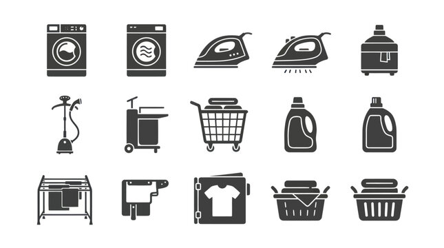 A monochrome flat vector icon set of 9 industrial laundry tools including washing machine, dryer machine, steam iron, garment steamer, laundry cart, detergent bottle, cloth rack, folding board