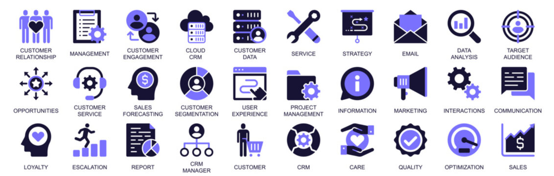 CRM icon set in duotone solid icons web design. Pack pictograms of customer relationship, engagement, management, data analysis, strategy, target audience, opportunity, more. Vector illustration.