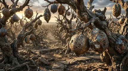 A Spectacular Dark Fantasy Digital Art of an Ancient Orchard with Mystical Stone and Metallic Fruits Hanging from Twisted Trees at Sunset © Yoshi