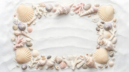 Obraz premium Seashell Border Frame on White Sand Beach.