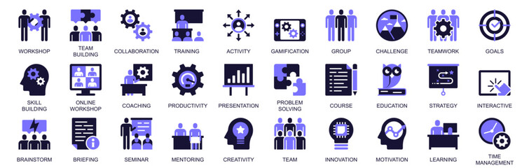 Fototapeta na wymiar Workshop icon set in duotone solid icons web design. Pack pictograms of team building, collaboration, training, activity, gamification, group, challenge, teamwork, goals, more. Vector illustration.
