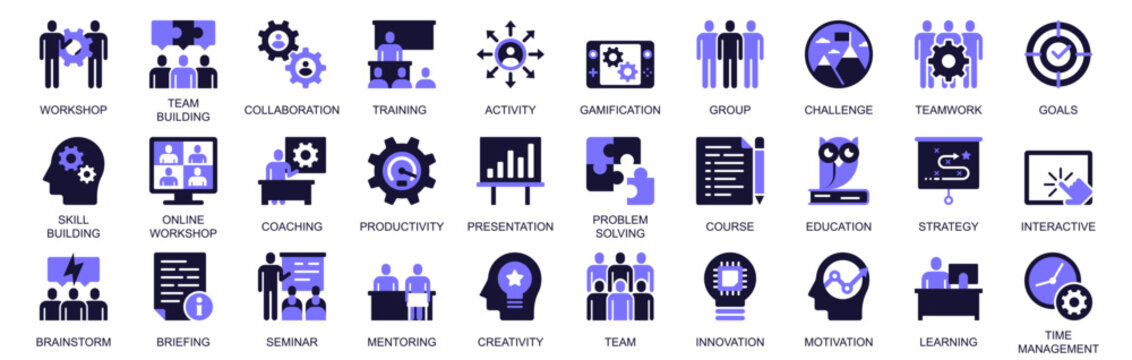 Workshop icon set in duotone solid icons web design. Pack pictograms of team building, collaboration, training, activity, gamification, group, challenge, teamwork, goals, more. Vector illustration.