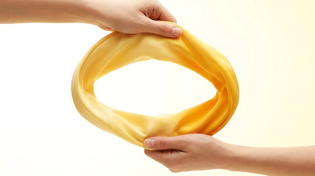 Hands stretching yellow fabric oval shape