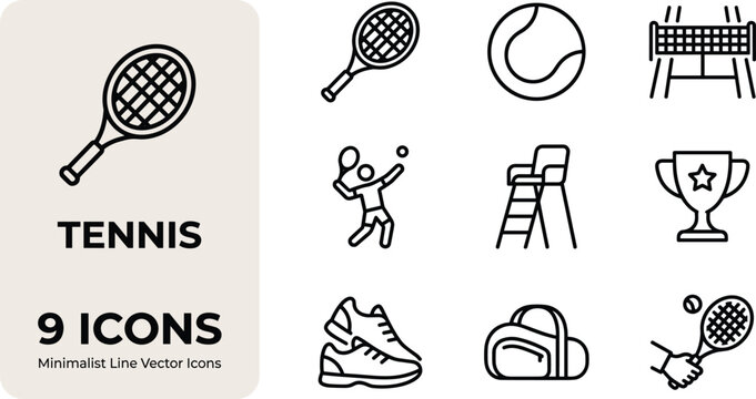 Tennis Editable Stroke Outline Icon Set with Racket Ball Court and Sports Training Vector Collection