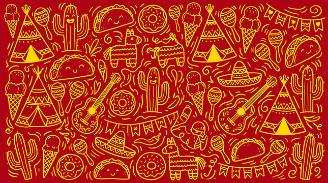 Intricate yellow mandala patterns on red background