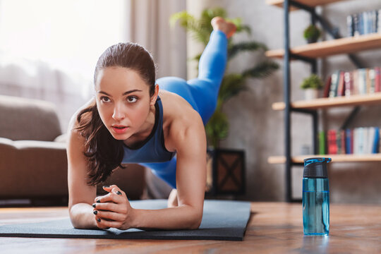 Fit young woman wearing sportswear working out at home on mat, female doing indoor fitness training, home workout, wellness and healthy lifestyle concept