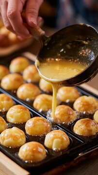 Fresh takoyaki topped with savory sauce during preparation, perfect for Japanese cuisine, street food, restaurants, food blogs and culinary content.