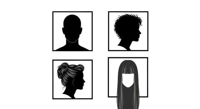 Silhouette profiles, diverse hairstyles, black icons, vector portraits, headshots