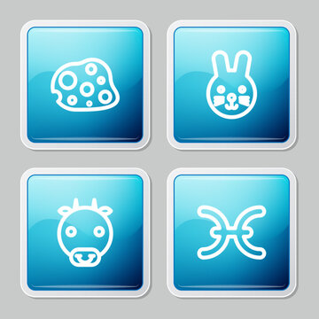 Set line Asteroid, Rabbit zodiac, Ox and Pisces icon. Vector