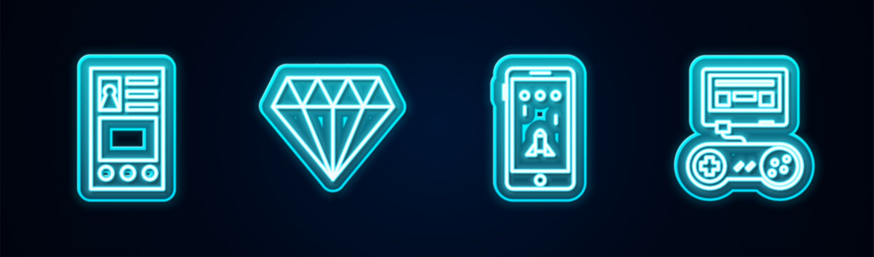 Set line Create account screen, Diamond, Mobile and playing in game and Game console with joystick. Glowing neon icon. Vector