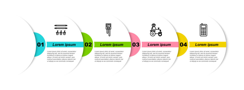 Set line Smart farm with bulb and plant, Temperature humidity sensor, Wireless tractor on smart and Remote control. Business infographic template. Vector