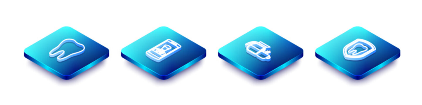 Set Isometric line Tooth, Smartphone with contact, Coffee pot cup and Dental protection icon. Vector