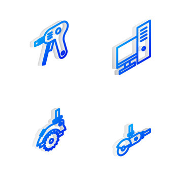 Set Isometric line Computer monitor, Electric hot glue gun, circular saw and Angle grinder icon. Vector