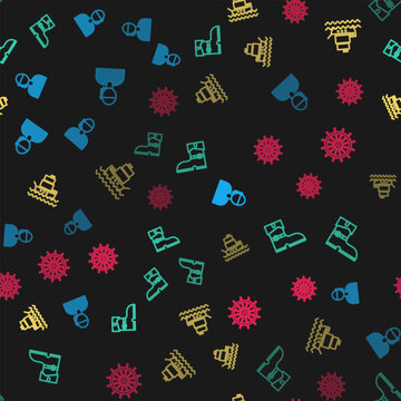 Set line Sailor captain, Leather pirate boots, Ship and steering wheel on seamless pattern. Vector