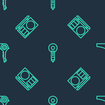 Set line Hair dryer, Eye shadow palette and on seamless pattern. Vector