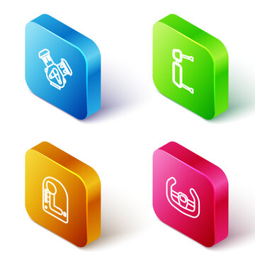 Set Isometric line Car engine, Truck side mirror, Gear shifter and Sport steering wheel icon. Vector
