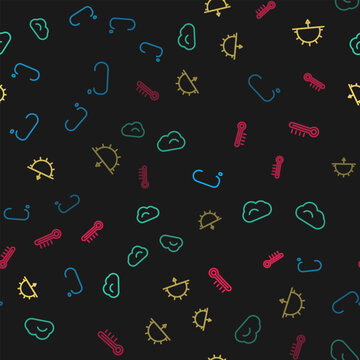 Set line Celsius, Cloud, Sunset and Meteorology thermometer on seamless pattern. Vector