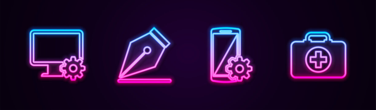 Set line Computer monitor and gear, Fountain pen nib, Setting smartphone and First aid kit. Glowing neon icon. Vector