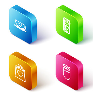 Set Isometric line Coffee cup and heart, Mobile with, Shopping bag and Quiver arrows icon. Vector