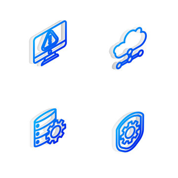 Set Isometric line Network cloud connection, Monitor with exclamation mark, Server and gear and Shield settings icon. Vector