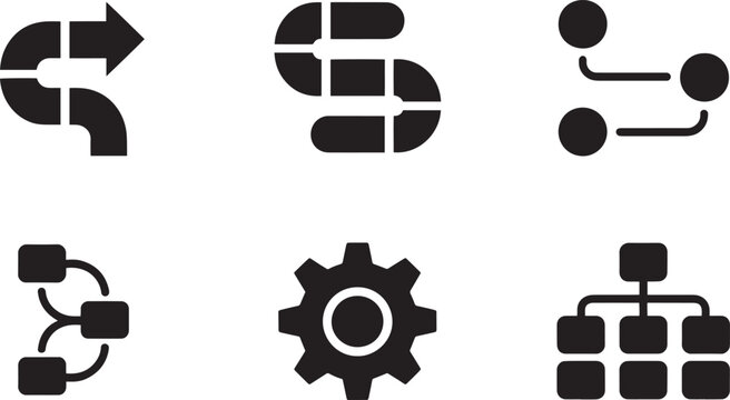 Workflow diagrams and a gear icon represent organizational processes and systematic planning in this set.