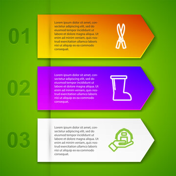 Set line Gardening handmade scissors, Waterproof rubber boot, Farm house and Watering can. Business infographic template. Vector